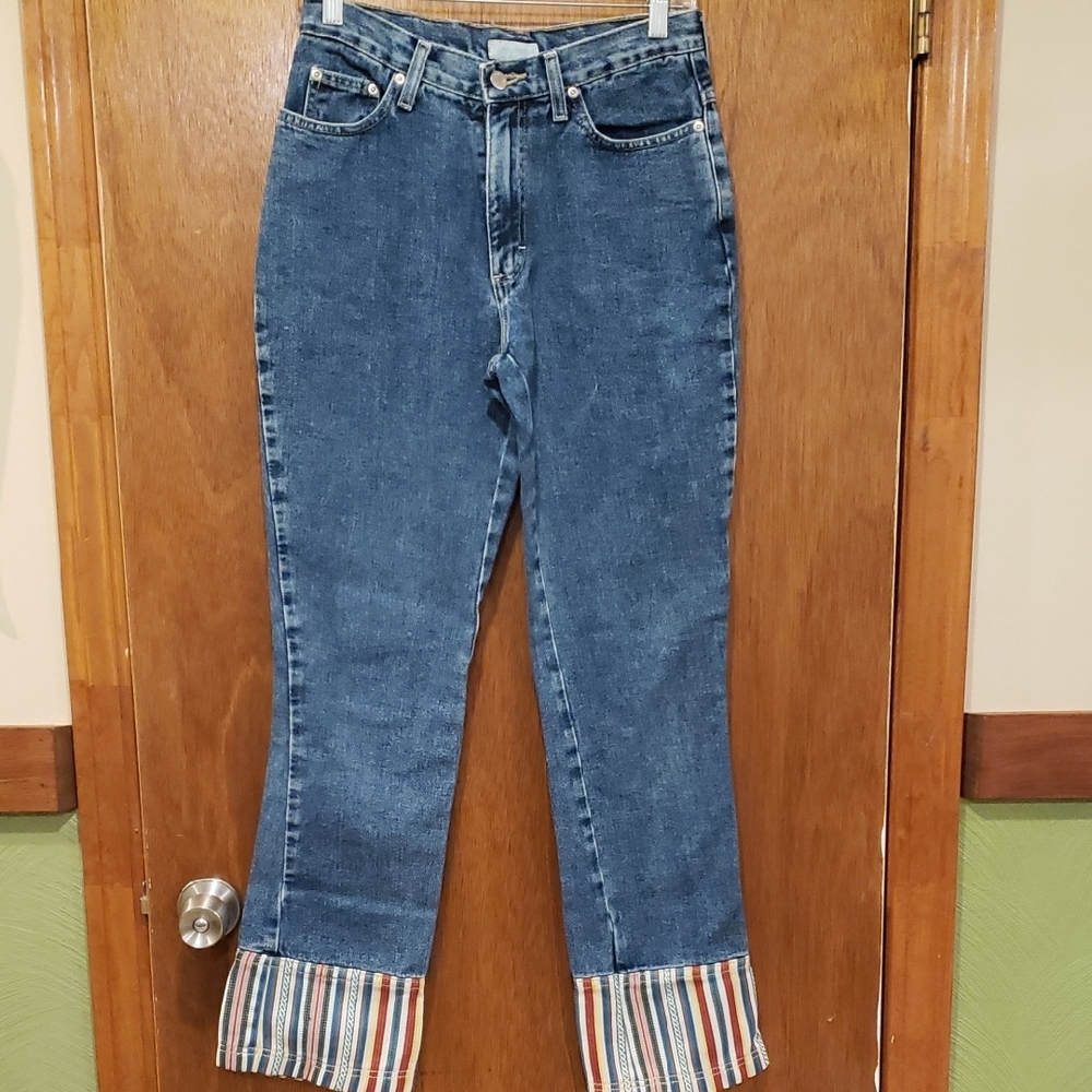 Northwest Blue Vintage Denim Jeans with Striped Tapestry Hem